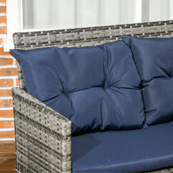 6 Pieces Rattan Garden Furniture Set, 8-Seater Garden Corner Sofa Set with 3 Loveseats, Glass Top Table, Footstools, Outdoor Conservatory Furniture with Cushions for Patio, Dark Blue