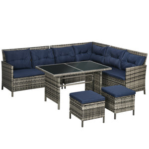 6 Pieces Rattan Garden Furniture Set, 8-Seater Garden Corner Sofa Set with 3 Loveseats, Glass Top Table, Footstools, Outdoor Conservatory Furniture with Cushions for Patio, Dark Blue