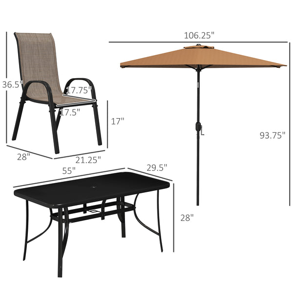 8 Pieces Patio Table and Chairs Set with 9 Ft Patio Umbrella, Outdoor Dining Set with 4.6 Ft Dining Table and 6 Chairs, Push Button Tilt and Crank Parasol, Tempered Glass Top, Mixed Brown