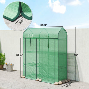 3 Tier Mini Greenhouse, 56.3" x 18.1" x 65" Small Portable Greenhouse with 2 Roll-up Doors, Garden Plant Growhouse with PE Cover for Indoor Outdoor, Green