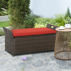 2-In-1 Patio Wicker Storage Bench, 29 Gallon Outdoor PE Rattan Patio Furniture, Large Capacity Rectangle Basket Box with Handles and Cushion, Red