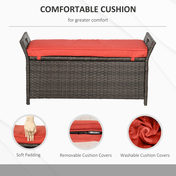 2-In-1 Patio Wicker Storage Bench, 29 Gallon Outdoor PE Rattan Patio Furniture, Large Capacity Rectangle Basket Box with Handles and Cushion, Red