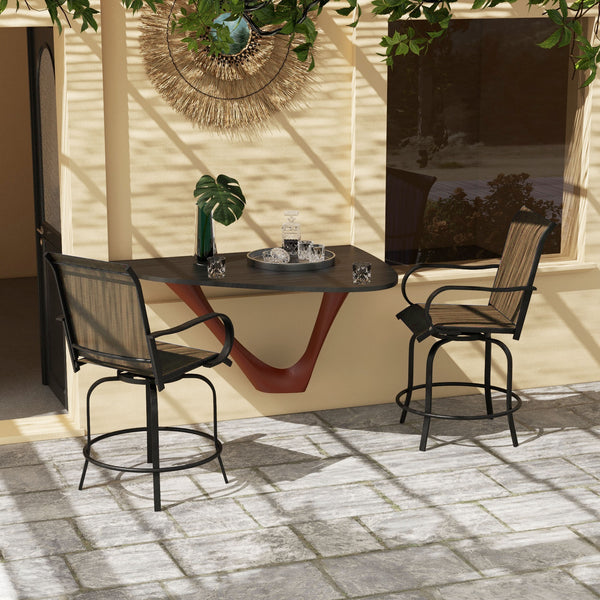Outdoor Bar Stools with Armrests, Set of 2 360° Swivel Bar Height Patio Chairs with High-Density Mesh Fabric, Steel Frame Dining Chairs for Balcony, Poolside, Backyard, Tan