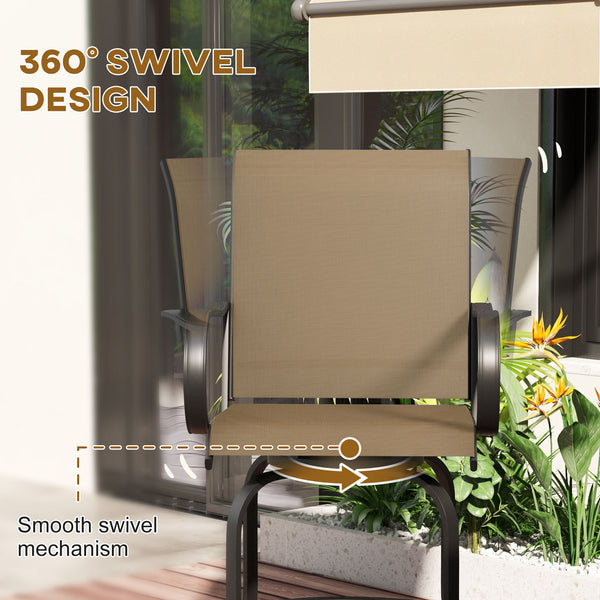 Outdoor Bar Stools with Armrests, Set of 2 360° Swivel Bar Height Patio Chairs with High-Density Mesh Fabric, Steel Frame Dining Chairs for Balcony, Poolside, Backyard, Tan