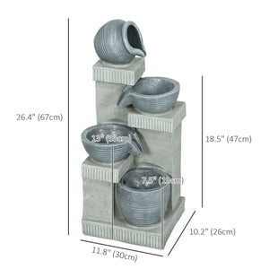 Jar and Bowls Cascading Water Fountain, 4-Tier Waterfall Fountain with LED Lights, Adjustable Flow, 26.4 inch Resin Outdoor Fountain for Zen Garden, Deck, Porch, Backyard