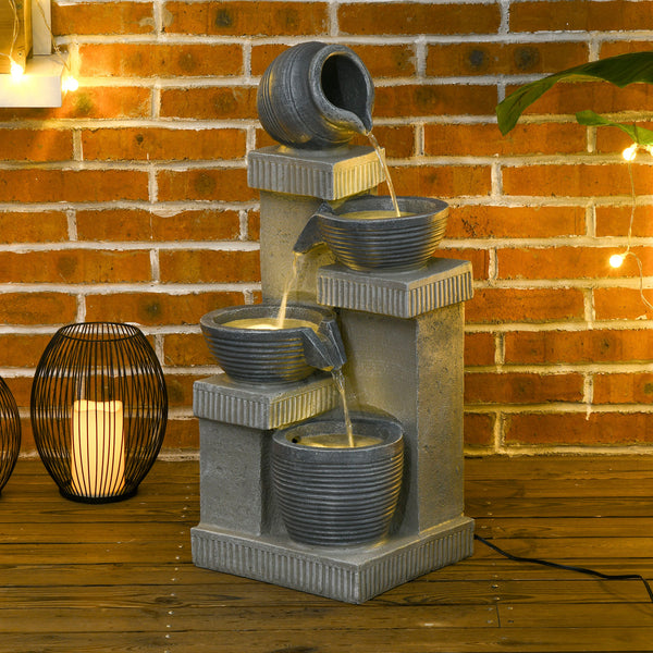 Jar and Bowls Cascading Water Fountain, 4-Tier Waterfall Fountain with LED Lights, Adjustable Flow, 26.4 inch Resin Outdoor Fountain for Zen Garden, Deck, Porch, Backyard