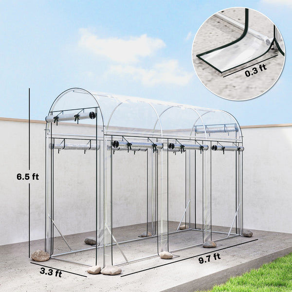 Walk-in Tunnel Greenhouse, 10' x 3' x 6.5' Hoop House Greenhouse with 8 Roll-Up Doors, Plant Hot House with Galvanized Steel Frame for Garden Patio Lawn, Clear