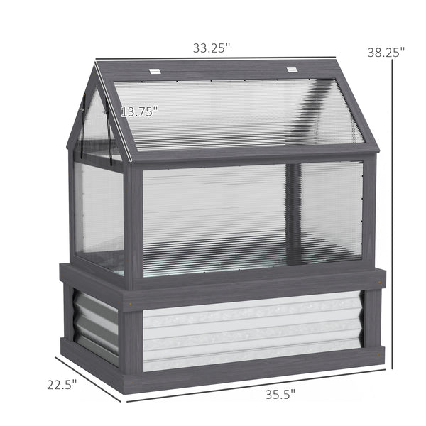 Raised Garden Bed with Polycarbonate Greenhouse, Wooden Cold Frame Greenhouse, Garden Flower Planter Protection, Peak Roof, 35.5" x 22.5" x 38.25", Gray