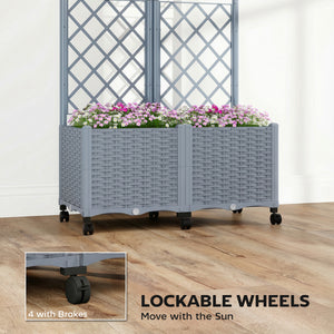 Planter Box with Trellis, Self Watering Raised Garden Bed with Lockable Wheels, 56.3" Trellis Privacy Planter with Drainage Holes for Climbing Plants, Vines, Vegetables, Flowers, Gray