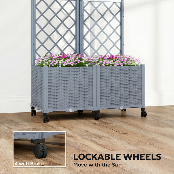 Planter Box with Trellis, Self Watering Raised Garden Bed with Lockable Wheels, 56.3" Trellis Privacy Planter with Drainage Holes for Climbing Plants, Vines, Vegetables, Flowers, Gray
