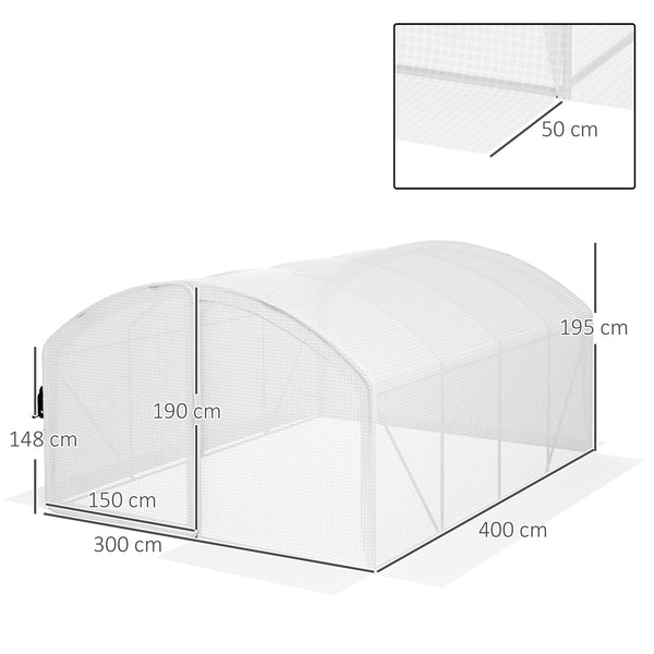 4 x 3 x 2m Polytunnel Greenhouse with Hinged Door, Walk-in Grow House Tent with UV-resistant PE Cover, Galvanised Steel Frame, Clamps, White