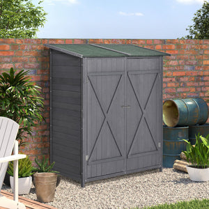Small Shed, Wooden Garden Shed with Flexible Table, Hooks and Ground Nails, Lockable Tool Shed with Asphalt Roof, 140 x 75 x 157cm, Grey