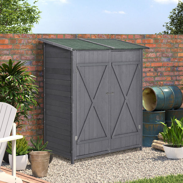 Small Shed, Wooden Garden Shed with Flexible Table, Hooks and Ground Nails, Lockable Tool Shed with Asphalt Roof, 140 x 75 x 157cm, Grey