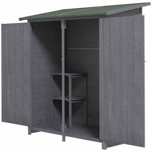 Small Shed, Wooden Garden Shed with Flexible Table, Hooks and Ground Nails, Lockable Tool Shed with Asphalt Roof, 140 x 75 x 157cm, Grey
