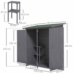 Small Shed, Wooden Garden Shed with Flexible Table, Hooks and Ground Nails, Lockable Tool Shed with Asphalt Roof, 140 x 75 x 157cm, Grey