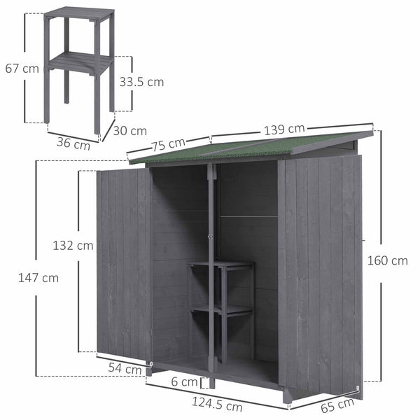 Small Shed, Wooden Garden Shed with Flexible Table, Hooks and Ground Nails, Lockable Tool Shed with Asphalt Roof, 140 x 75 x 157cm, Grey