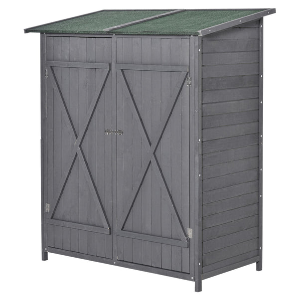 Small Shed, Wooden Garden Shed with Flexible Table, Hooks and Ground Nails, Lockable Tool Shed with Asphalt Roof, 140 x 75 x 157cm, Grey
