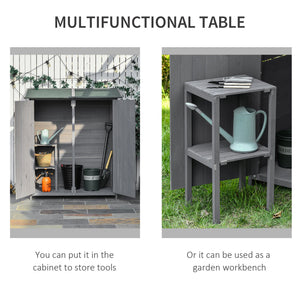 Small Shed, Wooden Garden Shed with Flexible Table, Hooks and Ground Nails, Lockable Tool Shed with Asphalt Roof, 140 x 75 x 157cm, Grey