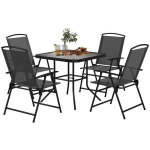 5 Pieces Patio Dining Set for 4, Outdoor Dining Set with Glass Top Table and 4 Mesh Folding Chairs, Small Outdoor Patio Furniture for Garden Backyard Poolside, Grey