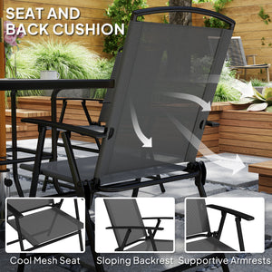 5 Pieces Patio Dining Set for 4, Outdoor Dining Set with Glass Top Table and 4 Mesh Folding Chairs, Small Outdoor Patio Furniture for Garden Backyard Poolside, Grey