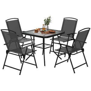 5 Pieces Patio Dining Set for 4, Outdoor Dining Set with Glass Top Table and 4 Mesh Folding Chairs, Small Outdoor Patio Furniture for Garden Backyard Poolside, Grey