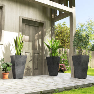 28 Inch Tall Planters for Outdoor Plants, Set of 3 Plastic Flower Pots with Marble Finish and Drainage Holes, Stackable Tapered Large Planters for Indoor Plants, Front Porch Decor, Black
