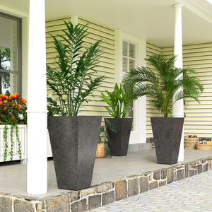 28 Inch Tall Planters for Outdoor Plants, Set of 3 Plastic Flower Pots with Marble Finish and Drainage Holes, Stackable Tapered Large Planters for Indoor Plants, Front Porch Decor, Black