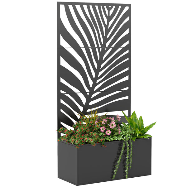 Metal Planter Box with Trellis, 71" Tall Raised Garden Bed with Trellis Privacy Screen for Climbing Plants, Large Leaf Cut-Out Privacy Planter for Garden, Patio, Balcony