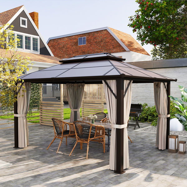 3 x 4m Hardtop Gazebo Canopy with UPF30+ Double Polycarbonate Roof, Aluminium Frame Garden Gazebo Permanent Pavilion with Mosquito Netting and Curtains for Patio, Deck, Beige