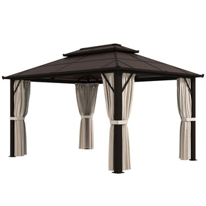 3 x 4m Hardtop Gazebo Canopy with UPF30+ Double Polycarbonate Roof, Aluminium Frame Garden Gazebo Permanent Pavilion with Mosquito Netting and Curtains for Patio, Deck, Beige