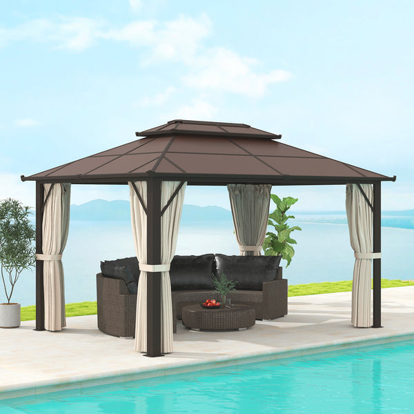 10' x 13' Hardtop Gazebo Canopy with UPF30+ Double Polycarbonate Roof, Aluminum Frame Outdoor Gazebo Permanent Pavilion with Mosquito Netting and Curtains, Beige