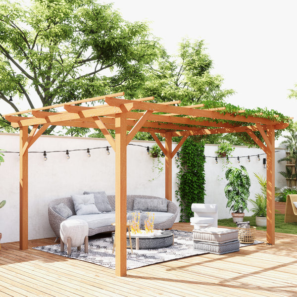 10' x 13' Outdoor Pergola, Wood Gazebo Grape Trellis with Stable Structure and Concrete Anchors for Climbing Plant Support, Garden, Patio, Backyard, Deck, Dark Brown