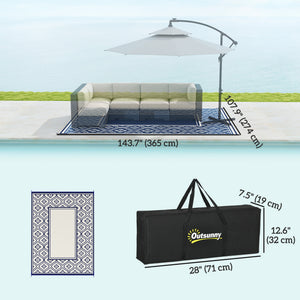 Reversible Outdoor RV Rug with Carry Bag, 9' x 12' Patio Floor Mat, Plastic Straw Rug for Backyard, Deck, Picnic, Beach, Camping, Gourd Border, Blue and White