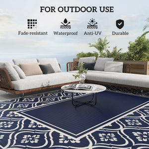 Reversible Outdoor RV Rug with Carry Bag, 9' x 12' Patio Floor Mat, Plastic Straw Rug for Backyard, Deck, Picnic, Beach, Camping, Gourd Border, Blue and White