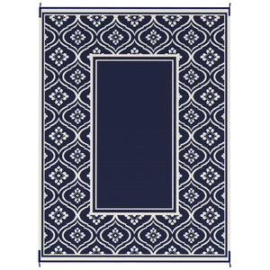 Reversible Outdoor RV Rug with Carry Bag, 9' x 12' Patio Floor Mat, Plastic Straw Rug for Backyard, Deck, Picnic, Beach, Camping, Gourd Border, Blue and White