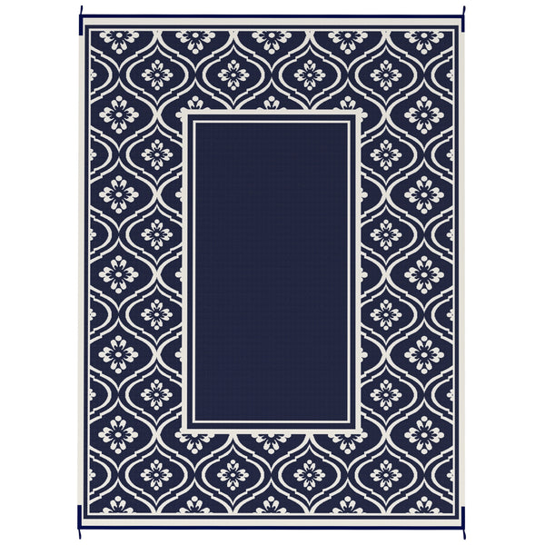 Reversible Outdoor RV Rug with Carry Bag, 9' x 12' Patio Floor Mat, Plastic Straw Rug for Backyard, Deck, Picnic, Beach, Camping, Gourd Border, Blue and White