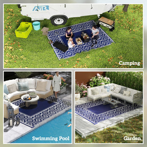 Reversible Outdoor RV Rug with Carry Bag, 9' x 12' Patio Floor Mat, Plastic Straw Rug for Backyard, Deck, Picnic, Beach, Camping, Gourd Border, Blue and White