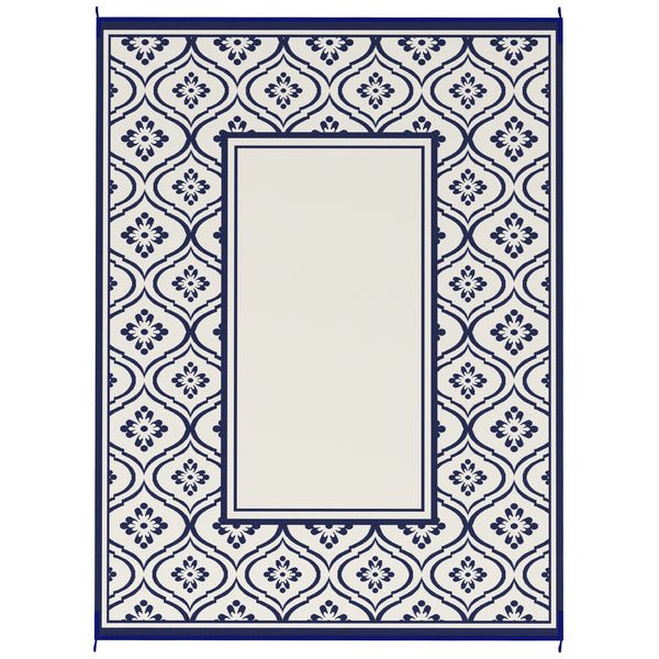 Reversible Outdoor RV Rug with Carry Bag, 9' x 12' Patio Floor Mat, Plastic Straw Rug for Backyard, Deck, Picnic, Beach, Camping, Gourd Border, Blue and White