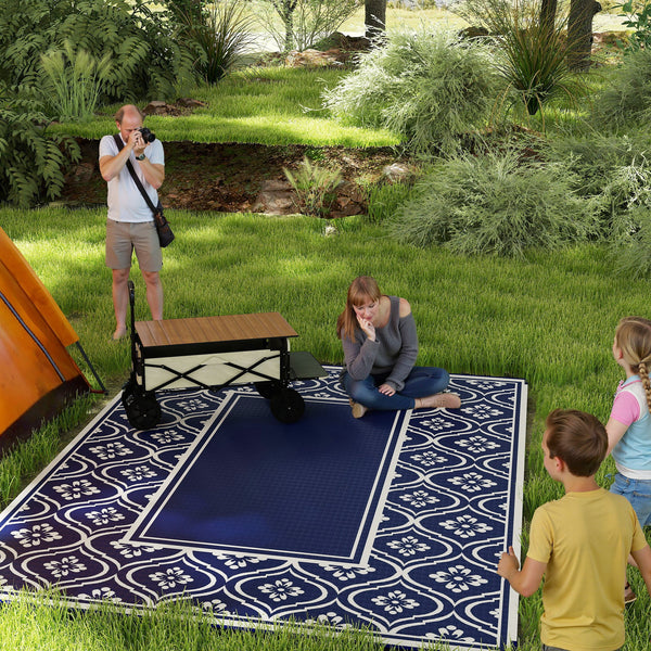Reversible Outdoor RV Rug with Carry Bag, 9' x 12' Patio Floor Mat, Plastic Straw Rug for Backyard, Deck, Picnic, Beach, Camping, Gourd Border, Blue and White