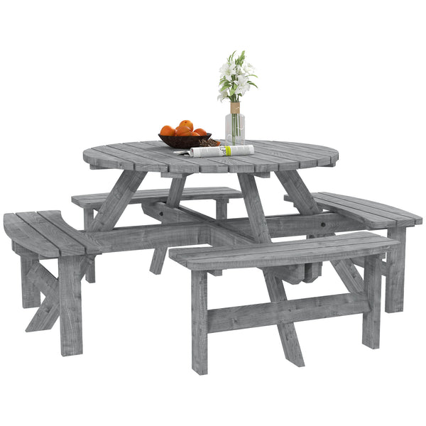 Wooden Patio Dining Set for 8 People, Outdoor Table and Benches Set with 4 Double-Seat Benches & Round Picnic Table (Umbrella Not Included), Φ70.1" x 27.6" H, Grey