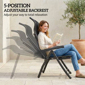 Folding Patio Chairs Set of 2, Reclining Outdoor Chair with 33.5" High Back, Retractable Footrest, 5-Position Outdoor Recliner Lounge Chairs for Lawn Yard Beach, Black