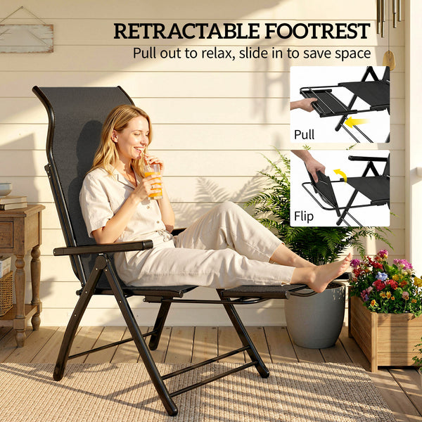 Folding Patio Chairs Set of 2, Reclining Outdoor Chair with 33.5" High Back, Retractable Footrest, 5-Position Outdoor Recliner Lounge Chairs for Lawn Yard Beach, Black