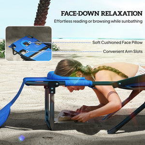 Folding Lounge Chair with 4-level Reclining Back, Outdoor Tanning Chair with Reading Hole, Outdoor Chaise Lounge Chair with Headrest, for Beach, Yard, Patio, Dark Blue