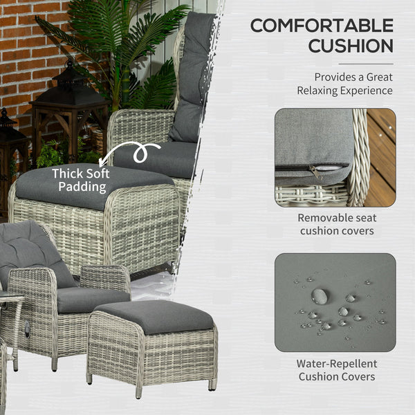 5 Pieces Rattan Bistro Set with Adjustable Back, Reclining Wicker Balcony Furniture with Cushions, Glass Top Coffee Table and Footstools, Outdoor Table and Chairs, Grey