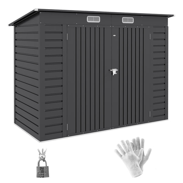 8 x 4FT Garden Shed. Galvanised Metal Shed, Outdoor Tool Storage Shed with Pent Roof, Lockable Door and 2 Vents, Grey