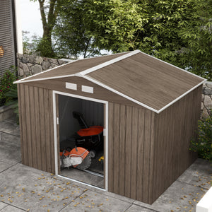 9 x 6ft Metal Garden Shed, Outdoor Storage Tool House with Ventilation Slots, Foundation Kit and Lockable Double Doors, Light Brown