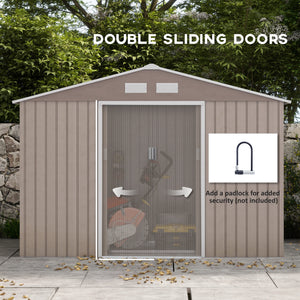 9' x 6' Garden Storage Shed with Foundation Kit, Metal Tool Storage House with Double Doors for Outdoor Patio Yard, Distressed Light Brown