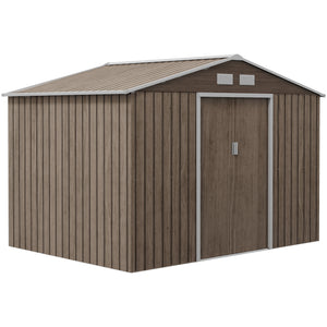 9 x 6ft Metal Garden Shed, Outdoor Storage Tool House with Ventilation Slots, Foundation Kit and Lockable Double Doors, Light Brown