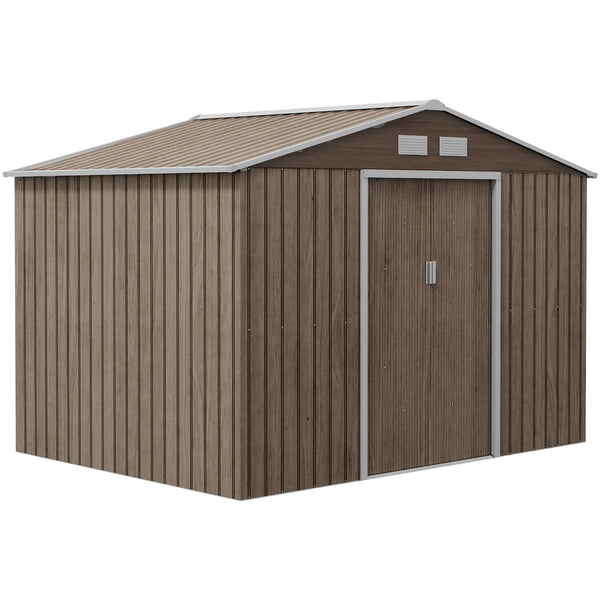 9 x 6ft Metal Garden Shed, Outdoor Storage Tool House with Ventilation Slots, Foundation Kit and Lockable Double Doors, Light Brown