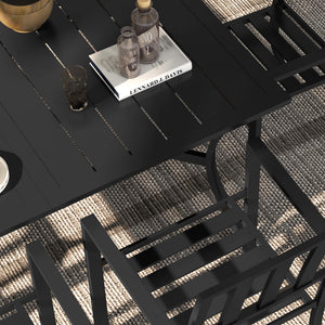 7 Pieces Patio Dining Set, 6 Seater Outdoor Table and Stackable Chairs with Umbrella Hole, Galvanised Steel Frame, Space Saving, for Poolside, Garden, Black